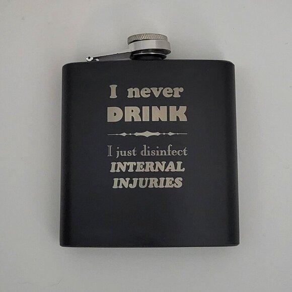 NWOT Flask, stainless steel, black, 6 oz., laser engraved with funny saying - Picture 1 of 1
